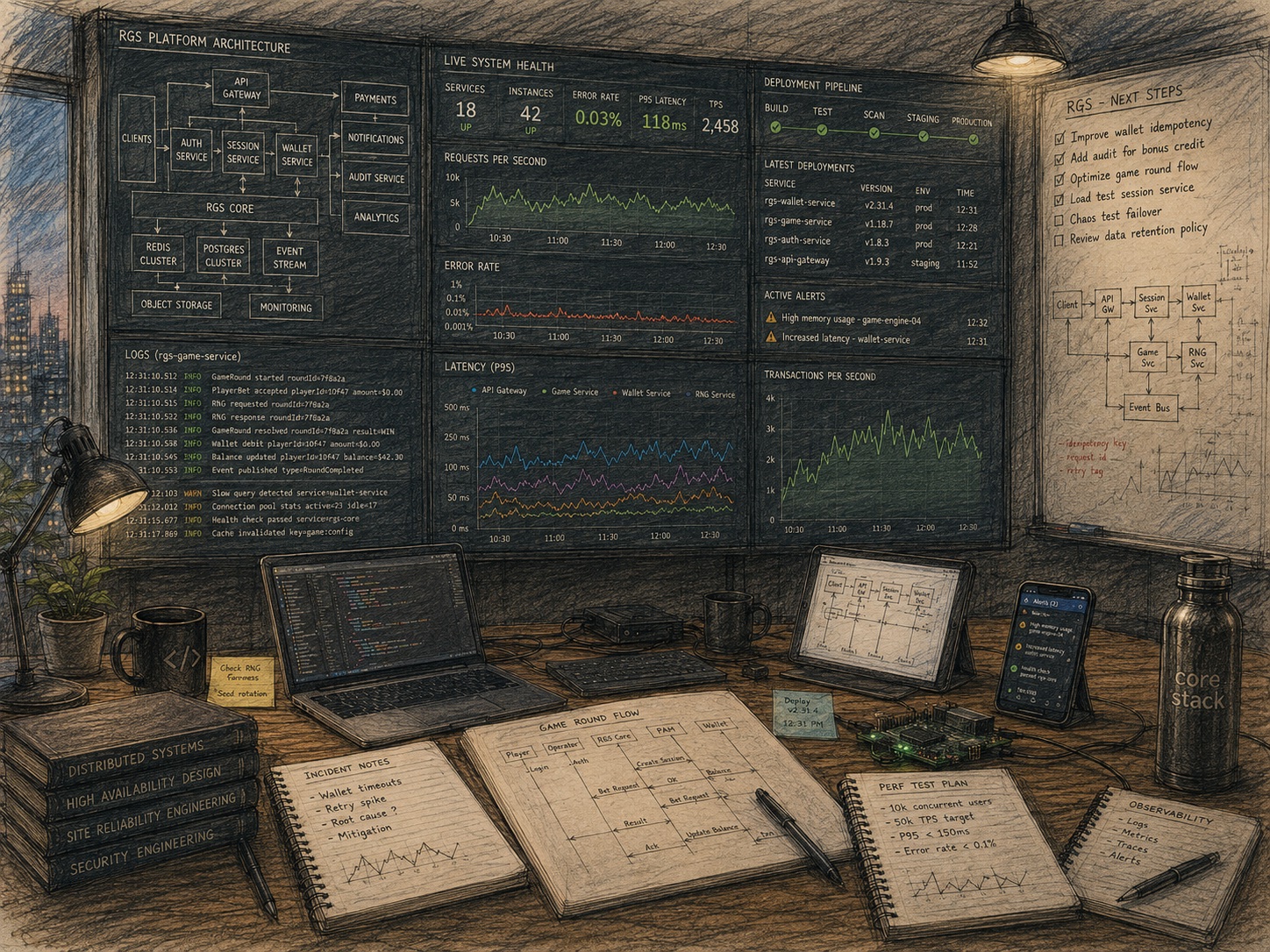 RGS platform architecture and live metrics — illustrated engineering workspace