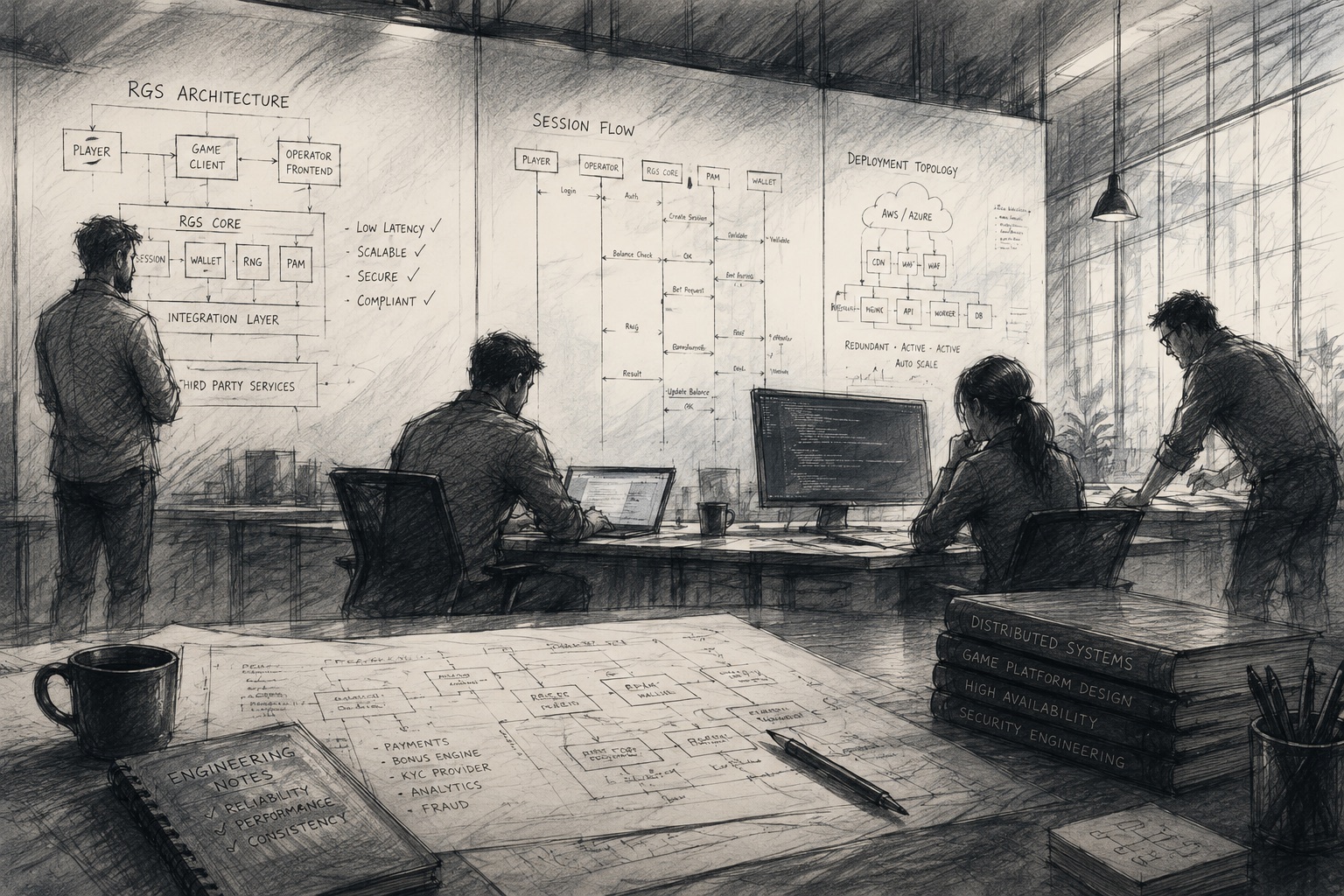 Hands reviewing RGS system architecture diagram in detail